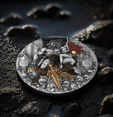 PRE-ORDER Cameroon  2025 2000 Francs BARBARIAN KING 2 oz .999 Silver Antiqued Colorized Gilded Coin