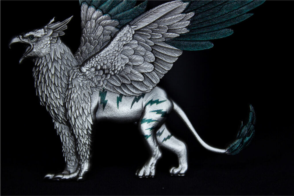 PRE -ORDER KOMSCO South Korea 2025 Mythical Beasts The Griffin 2 oz .999 Antiqued Silver Shaped Colorized Stacker