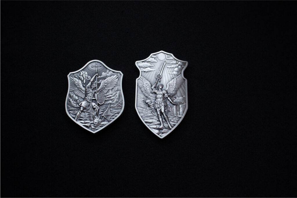 KOMSCO South Korea 2025 The Shield of St. Uriel .999 2 oz Silver Shaped Antiqued Stacker