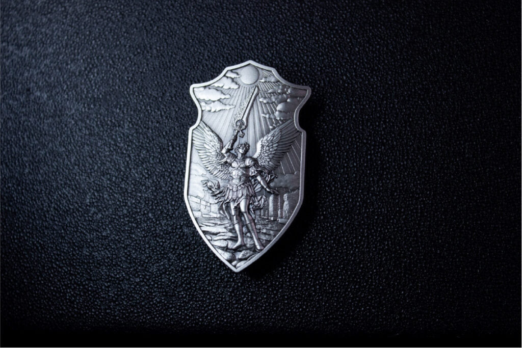 KOMSCO South Korea 2025 The Shield of St. Uriel .999 2 oz Silver Shaped Antiqued Stacker