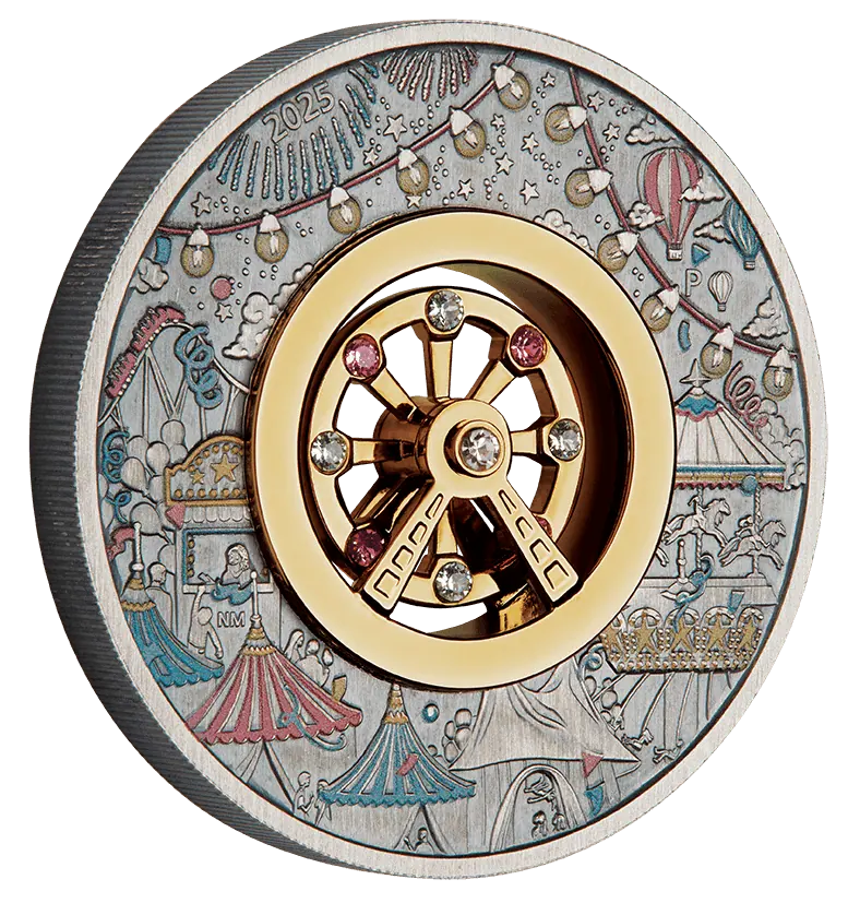 Tuvalu 2025 $2 FERRIS WHEEL 2 oz .9999 Silver Antiqued Colorized Coin with Crystal Inserts
