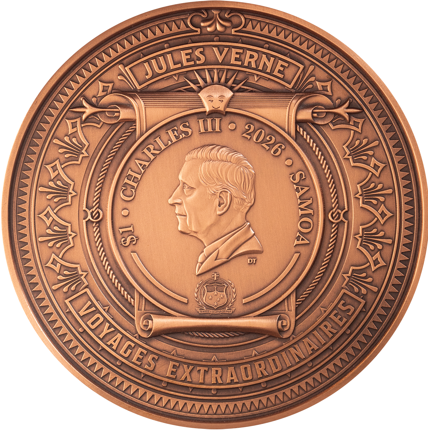 Samoa 2026 $1 20,000 LEAGUES UNDER THE SEA High Relief Rotating 15 grams .999 Silver & Copper Bimetal Antique Obverse