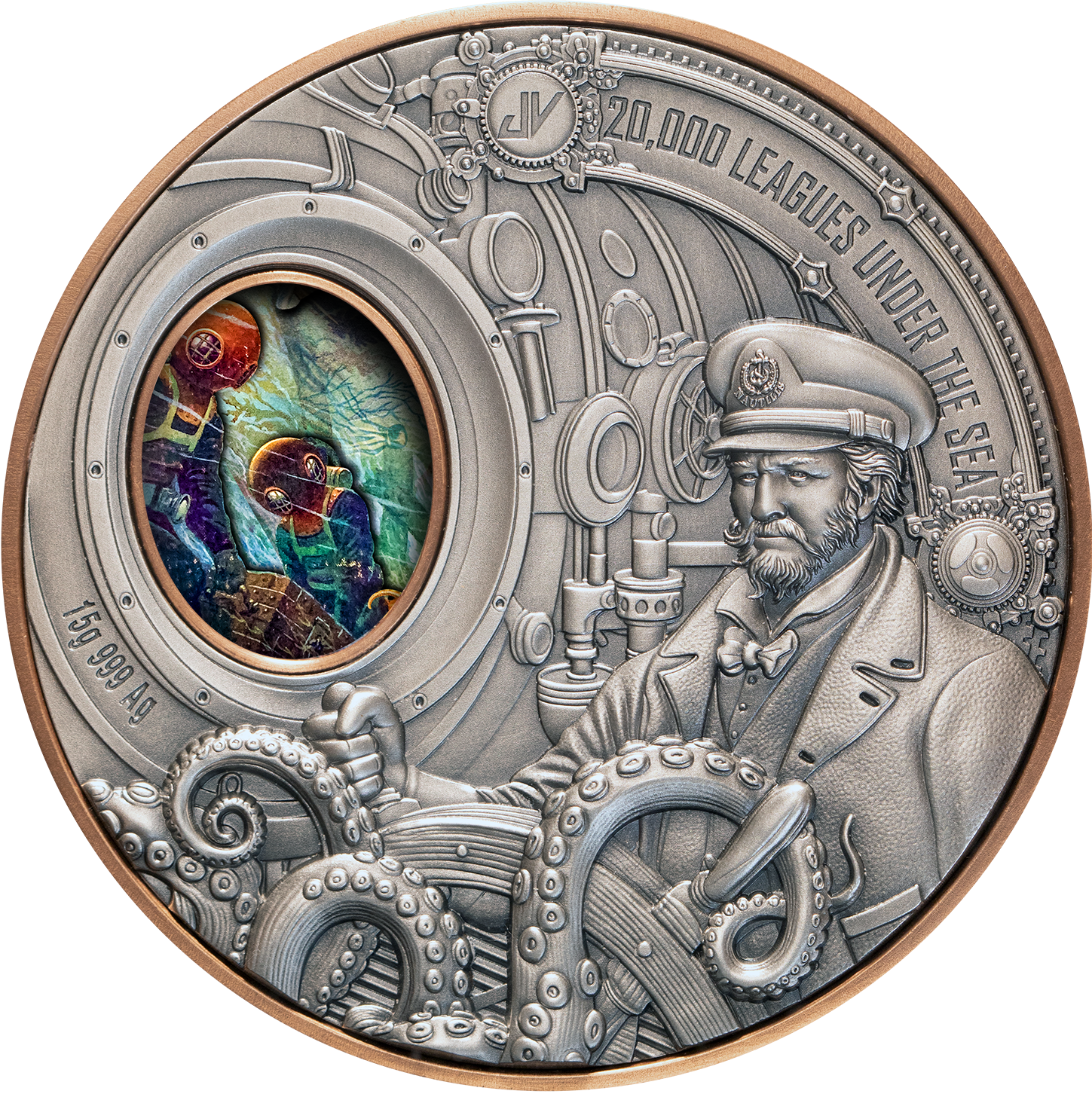 Samoa 2026 $1 20,000 LEAGUES UNDER THE SEA High Relief Rotating 15 grams .999 Silver & Copper Bimetal Antique Reverse