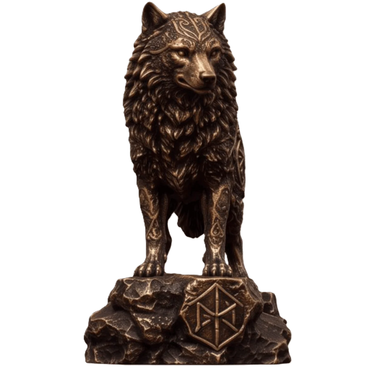 Front view of the Celtic Wolf copper statue, showing its decorated forehead, textured chest and patterned rocky base.
