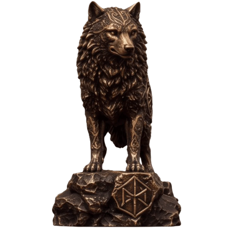 Front view of the Celtic Wolf copper statue, showing its decorated forehead, textured chest and patterned rocky base.