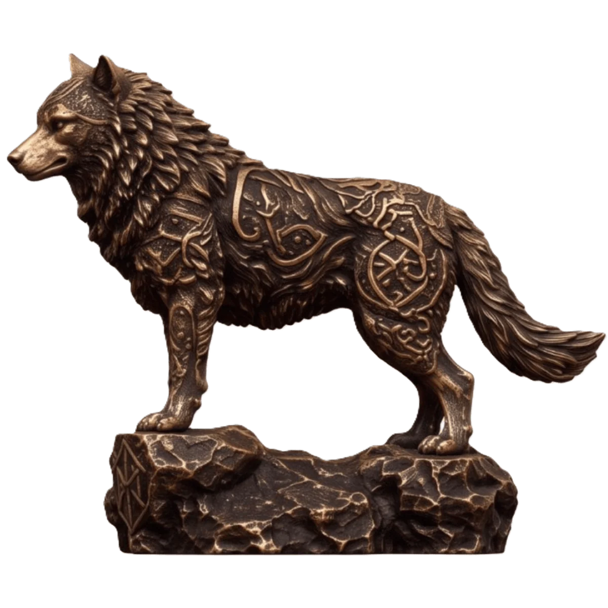 Side view of the antiqued Celtic Wolf copper statue, showing textured fur, Celtic knotwork and a rocky base.