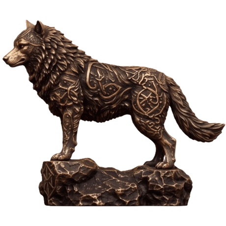 Side view of the antiqued Celtic Wolf copper statue, showing textured fur, Celtic knotwork and a rocky base.