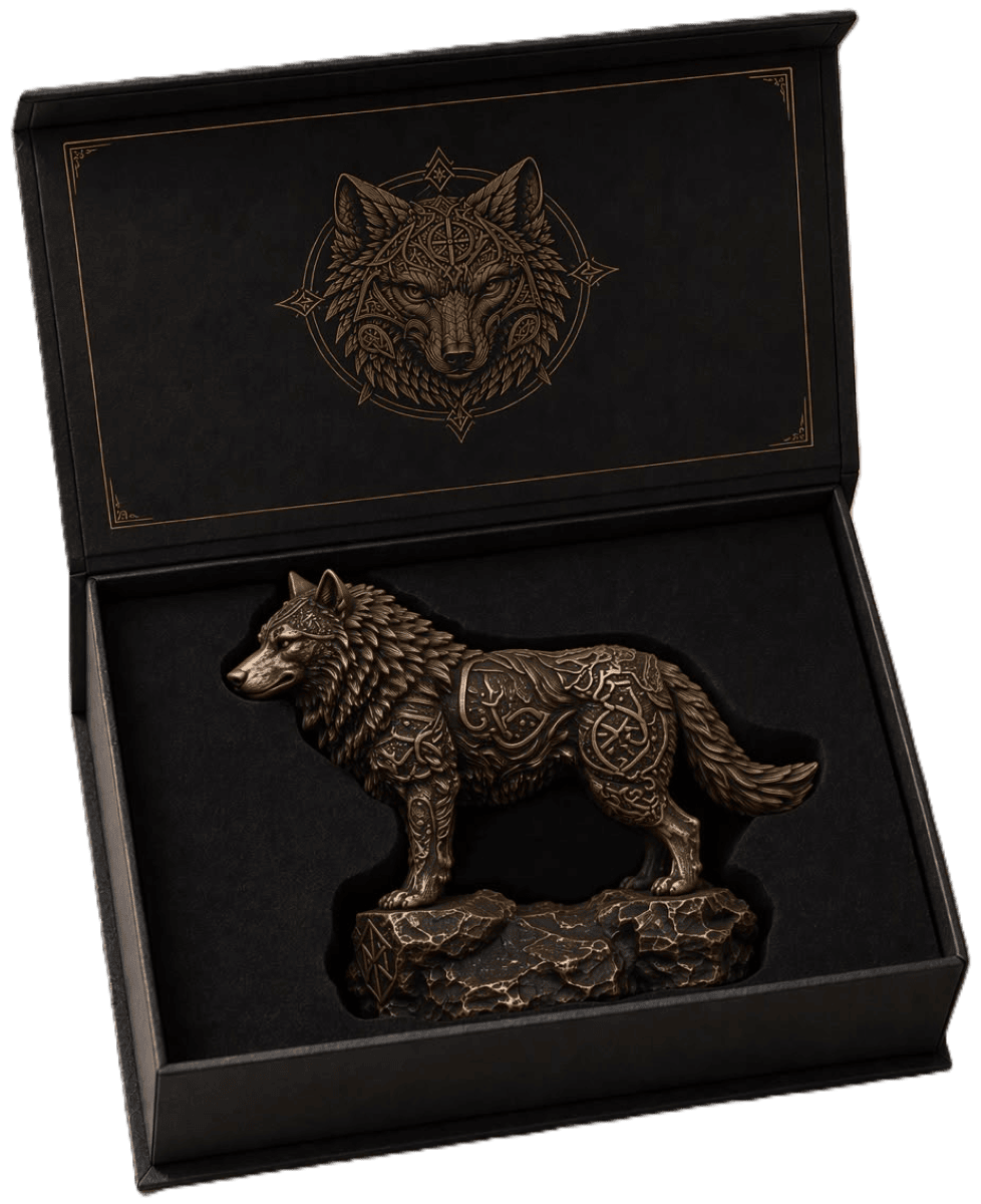 2026 Celtic Wolf copper statue inside its open display box, showing Celtic knotwork and an integrated rocky base.