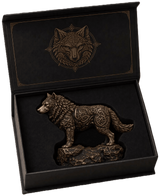 2026 Celtic Wolf copper statue inside its open display box, showing Celtic knotwork and an integrated rocky base.
