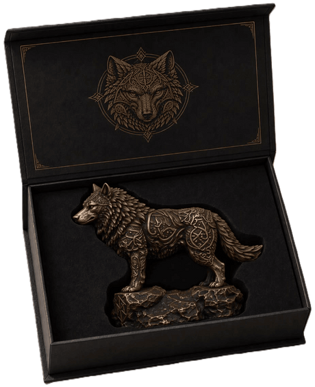 2026 Celtic Wolf copper statue inside its open display box, showing Celtic knotwork and an integrated rocky base.
