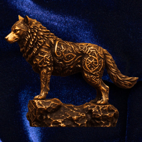 Celtic Wolf copper statue in side profile, with intricate knotwork, textured fur and a rocky base against blue satin