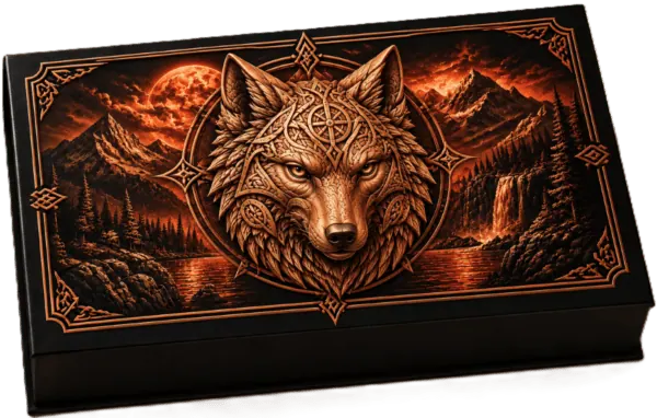 Celtic Wolf display box featuring a decorated wolf portrait against a fiery mountain and waterfall landscape.