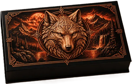 Celtic Wolf display box featuring a decorated wolf portrait against a fiery mountain and waterfall landscape.