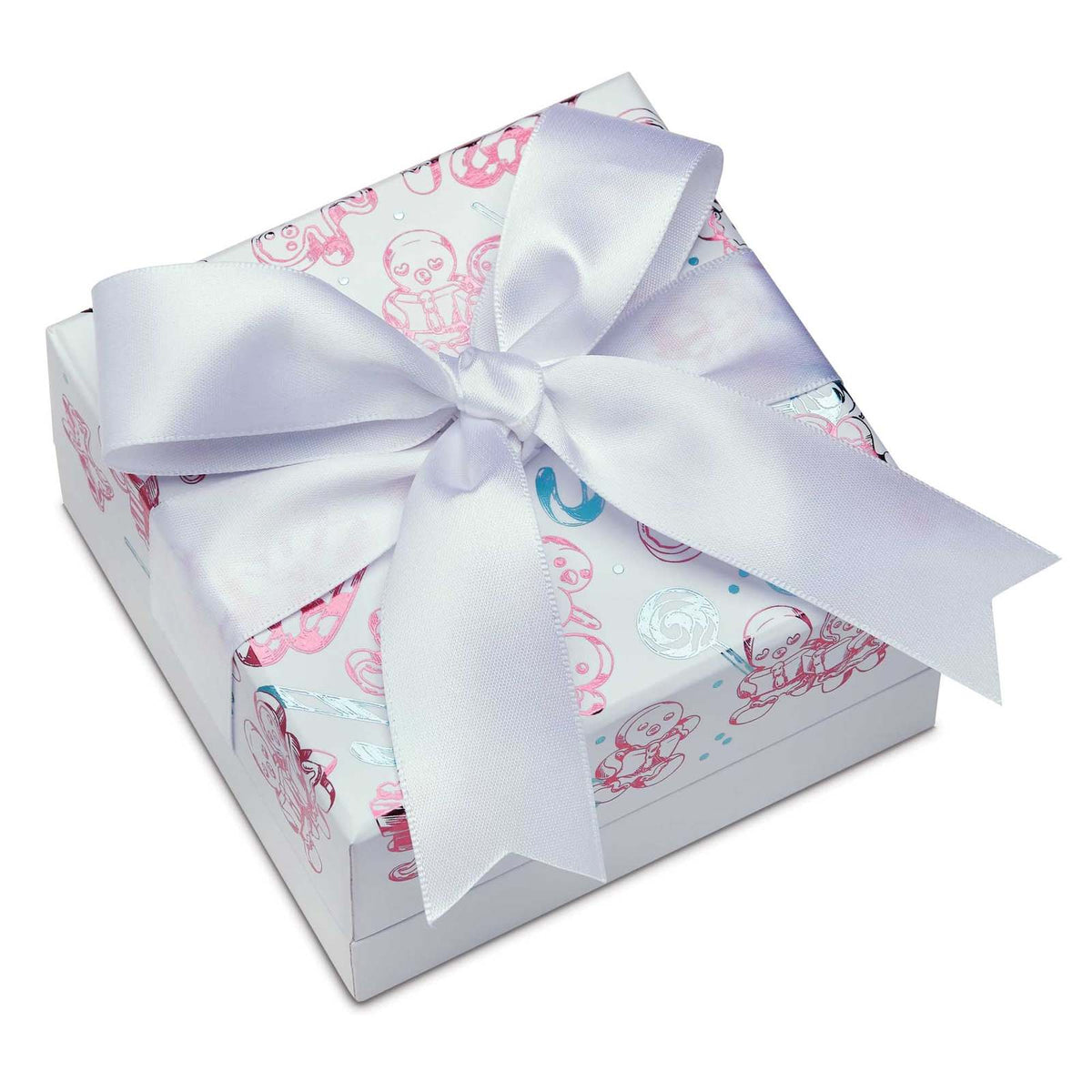 Gingerbread Christmas coin gift packaging, featuring a white ribbon and pink and teal foiled gingerbread illustrations.