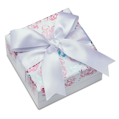 Gingerbread Christmas coin gift packaging, featuring a white ribbon and pink and teal foiled gingerbread illustrations.
