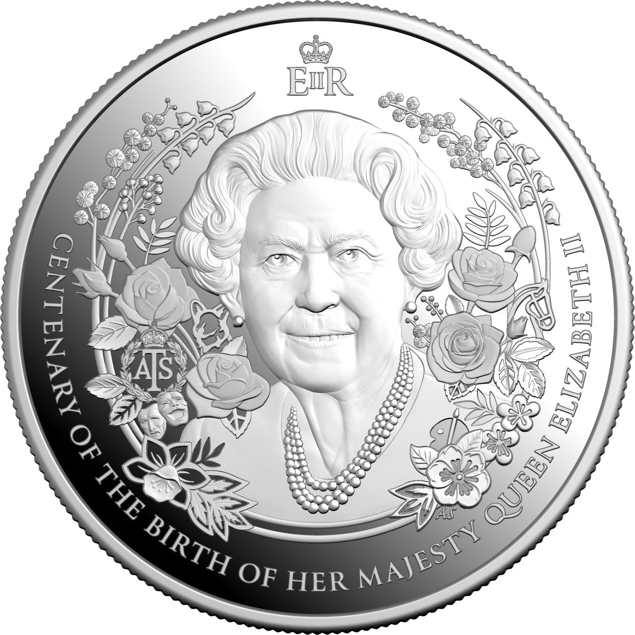 Silver coin with Queen Elizabeth II's portrait and floral design