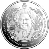 Silver coin with Queen Elizabeth II's portrait and floral design