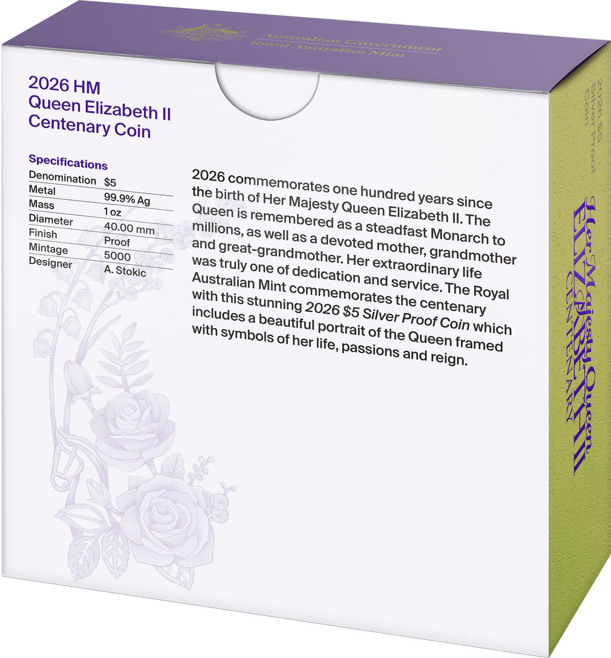 Box for a 2026 HM Queen Elizabeth II Centenary coin with specifications and design details.