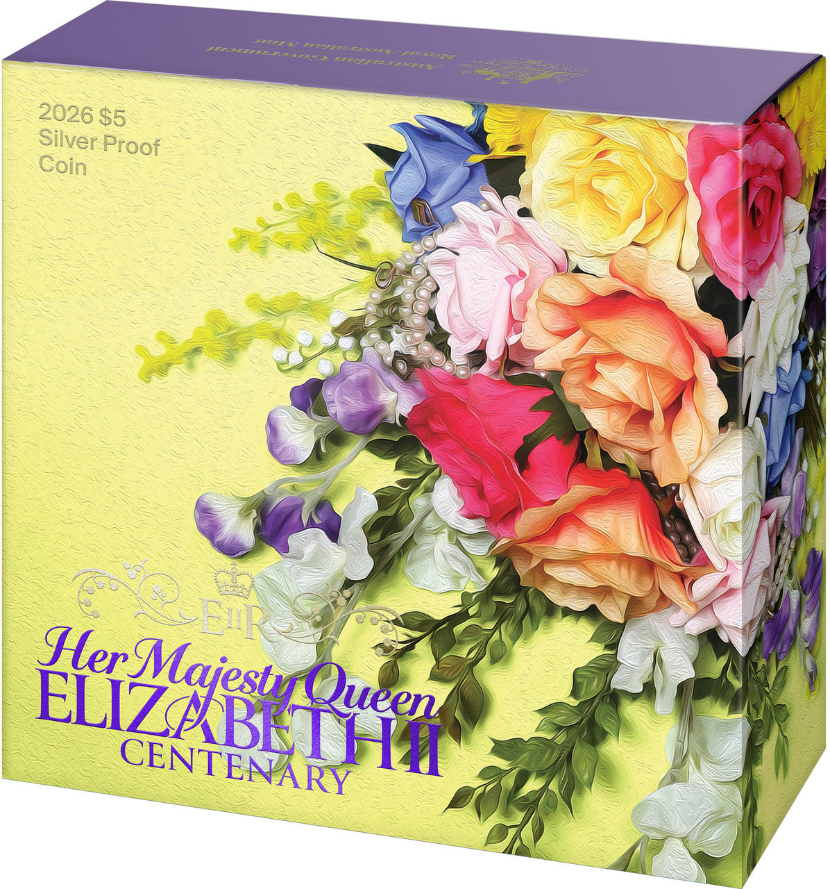 Floral-themed packaging for a 2026 $5 silver proof coin celebrating Queen Elizabeth II's centenary.