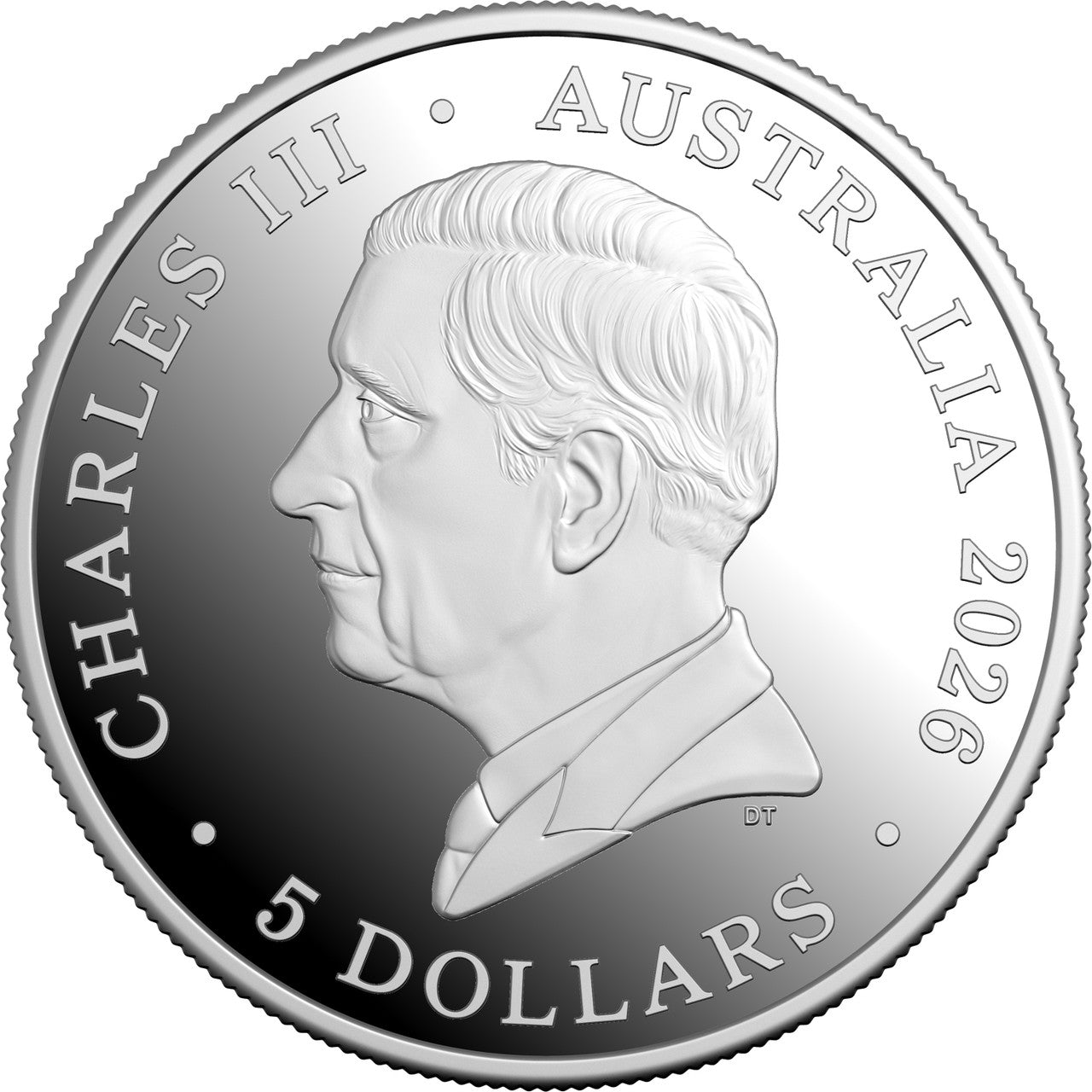 Silver coin with a portrait of Charles III and text indicating Australia 2026 and 5 dollars.
