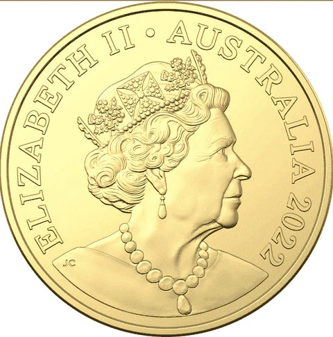 Gold coin featuring Queen Elizabeth II with 'Australia 2022' text
