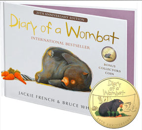 Book titled 'Diary of a Wombat' with a 20th Anniversary Edition label and a bonus collectors coin on a white background.