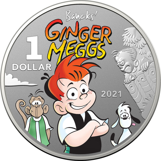2021 $1 Centenary of Ginger Meggs $1 Coloured Frosted Silver Uncirculated Coin Reverse Side Ginger Meggs