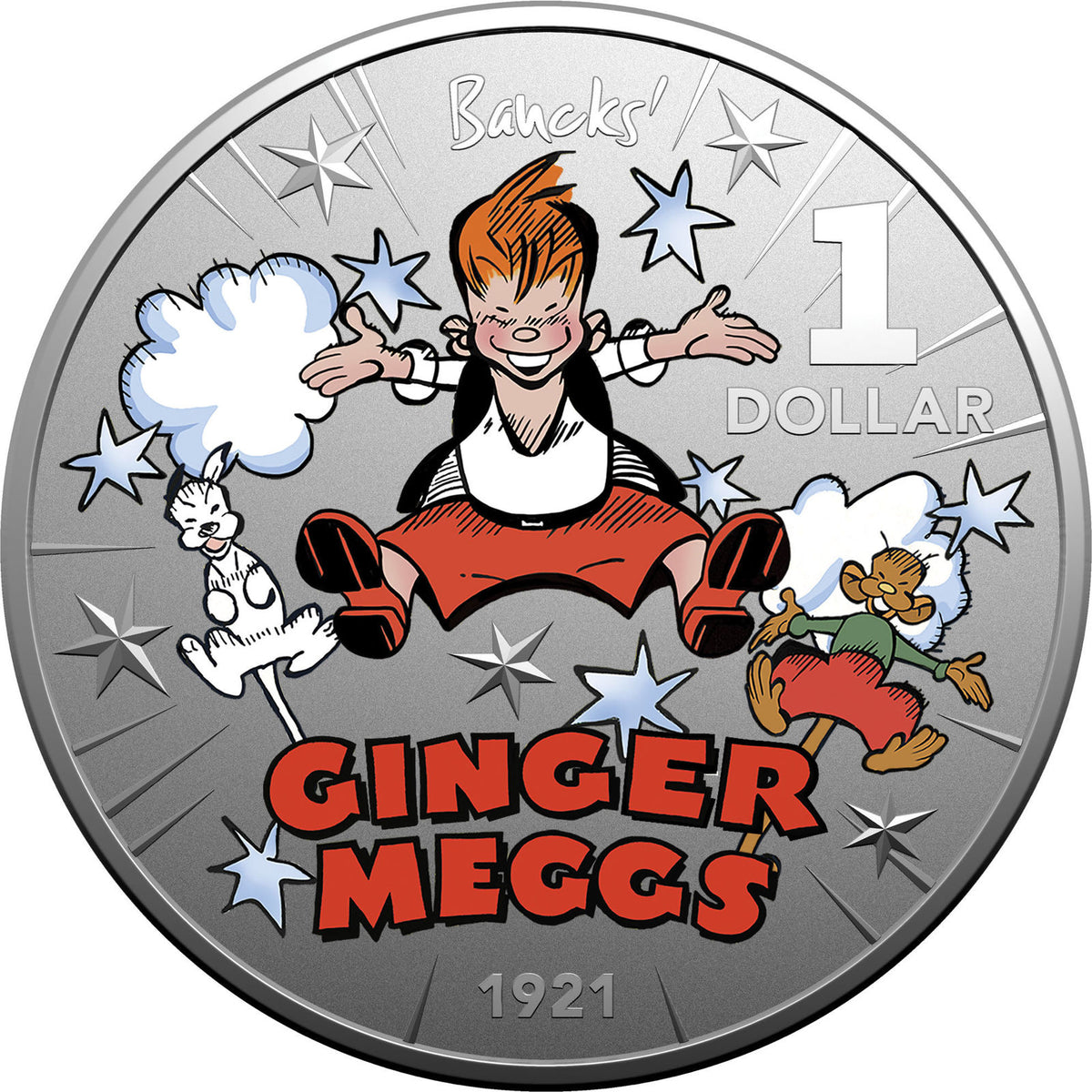 2021 $1 Centenary of Ginger Meggs - $1 Coloured Frosted Silver Uncirculated. Reverse Ginger Meggs Jumping-Second Coin