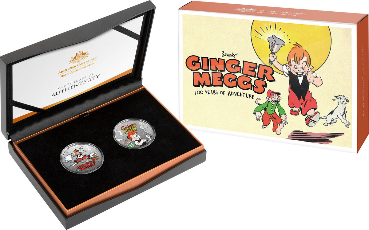 2021 $1 Centenary of Ginger Meggs - $1 Coloured Frosted Silver Uncirculated Two Coin in Set with Case, Box and Certificate