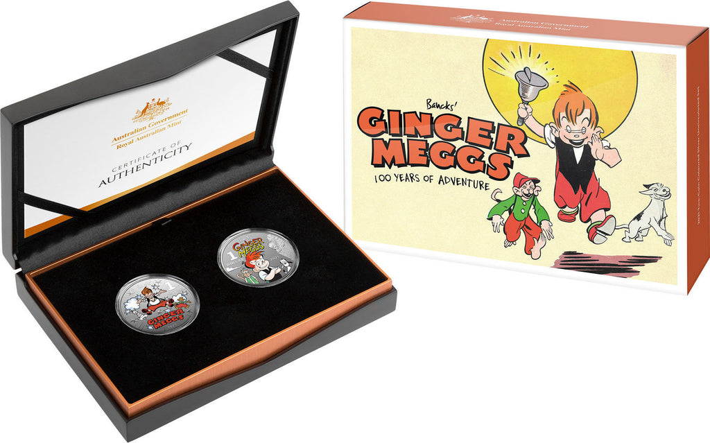 2021 $1 Centenary of Ginger Meggs - $1 Coloured Frosted Silver Uncorculated Two Coin in Set with Case, Box and Certificate
