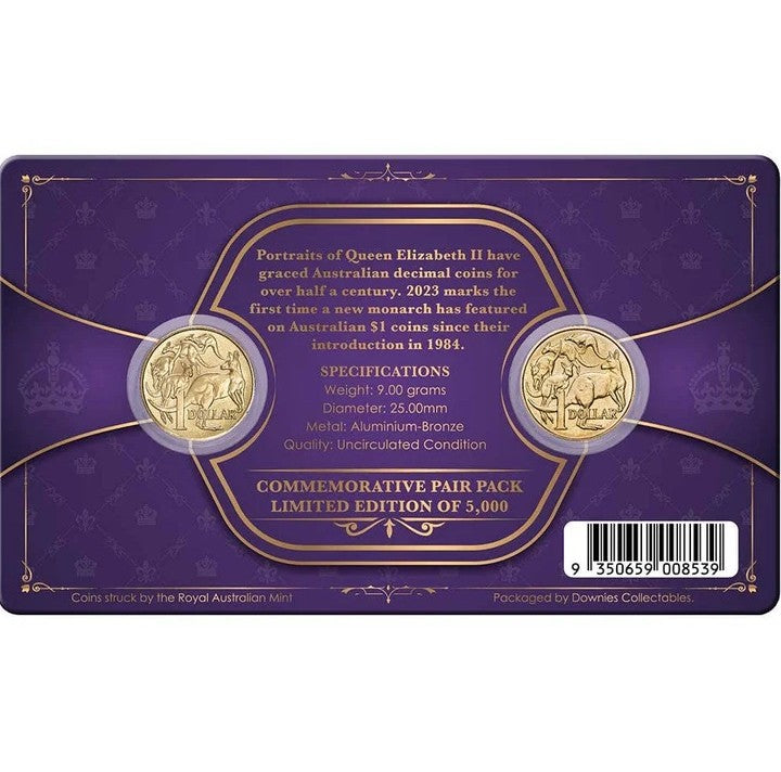 Purple packaging with gold coins and text for Queen Elizabeth II and King Charles III, 1984 and 2023.