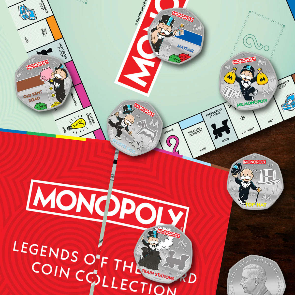 Monopoly-themed coins with a red box labeled 'Monopoly Legends o'f the Board Coin Collection' on a light green background.