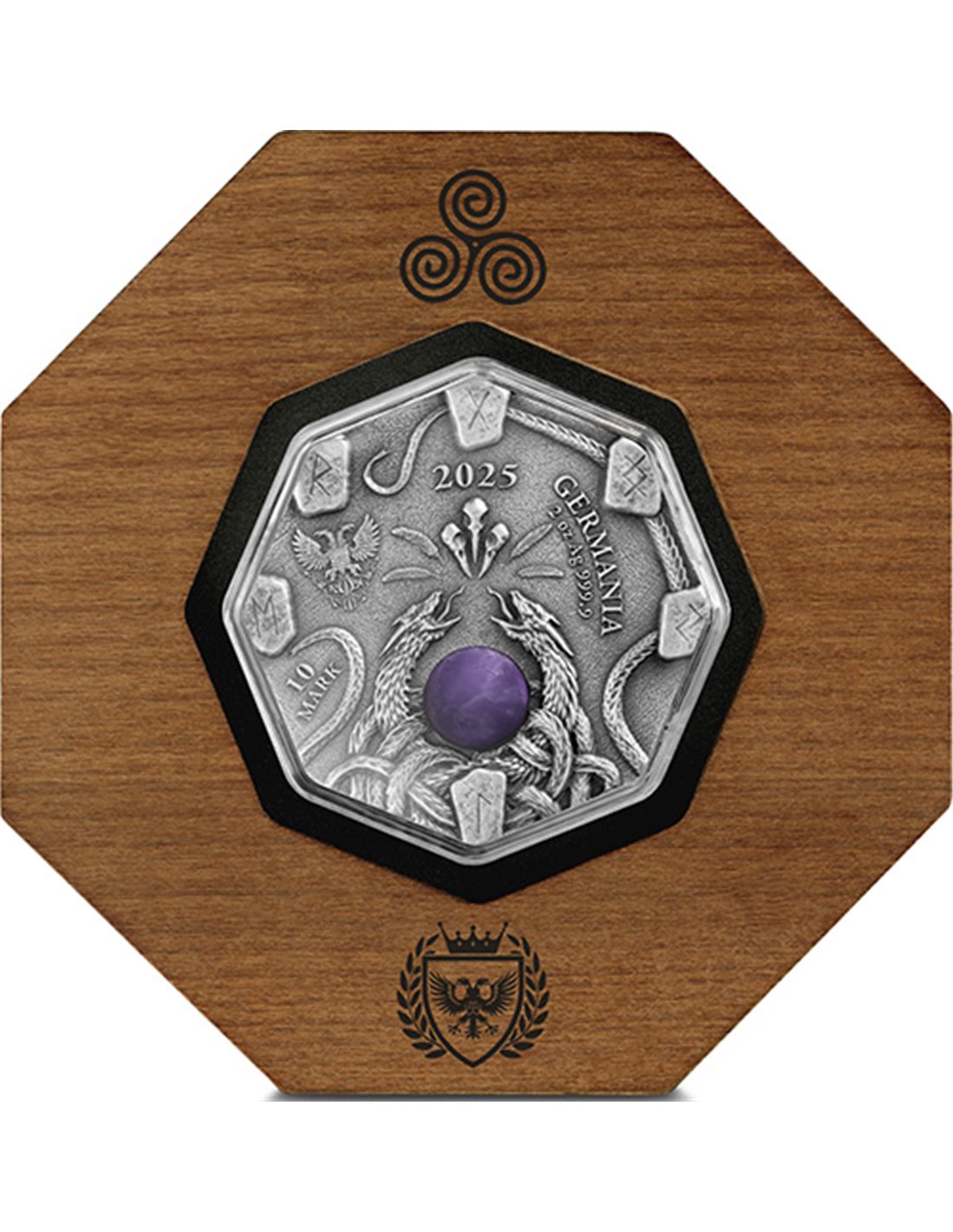 Germania 2025 10 Mark Witchcraft Herbalist 2oz Silver  .999  Octagonal Ultra High Relief Coin, Aventurine and UV Effect