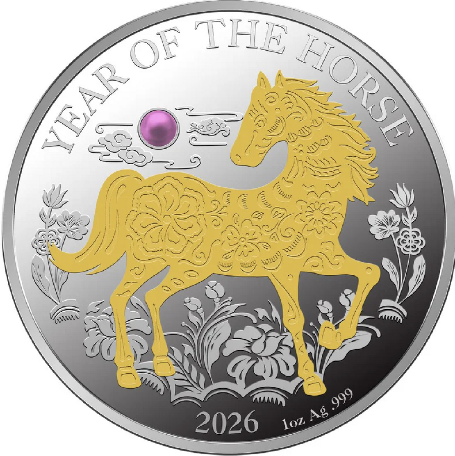 Silver and gold coin with a horse design, celebrating the Year of the Horse, 2026.