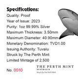 Tuvalu 2023 $1 Deadly & Dangerous  Tiger Shark 1oz .9999 Silver Proof Coin Perth Mint