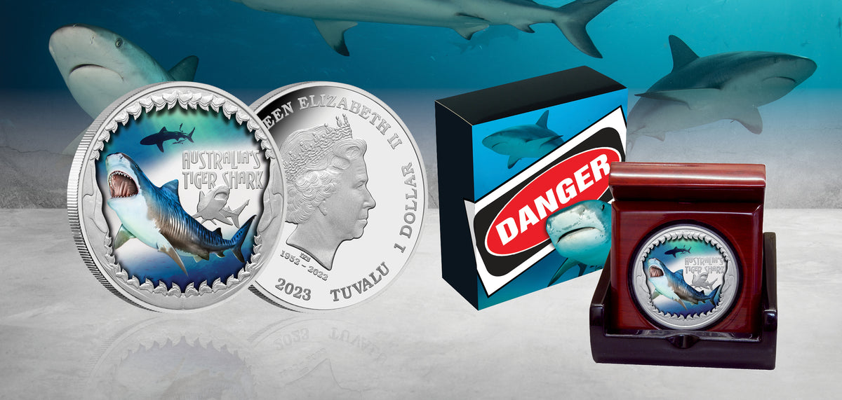 Tuvalu 2023 $1 Deadly & Dangerous  Tiger Shark 1oz .9999 Silver Proof Coin Perth Mint