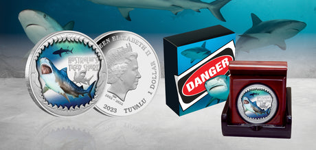 Tuvalu 2023 $1 Deadly & Dangerous  Tiger Shark 1oz .9999 Silver Proof Coin Perth Mint