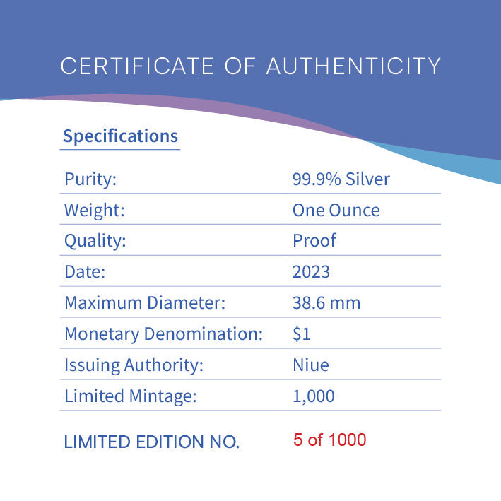 Niue 2023 $1 Azure Kingfisher 1oz .999 Silver Proof Coin Certificate # 999