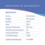 Niue 2023 $1 Azure Kingfisher 1oz .999 Silver Proof Coin Certificate # 999
