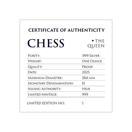 Niue 2025 $1 Chess Queen  1oz .999 Silver Black Proof Coin