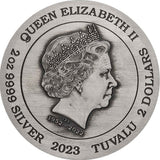 Tuvalu 2023 $2 The Phantom - The Ghost Who Walks 2oz .9999 Silver Antiqued Coin Obverse