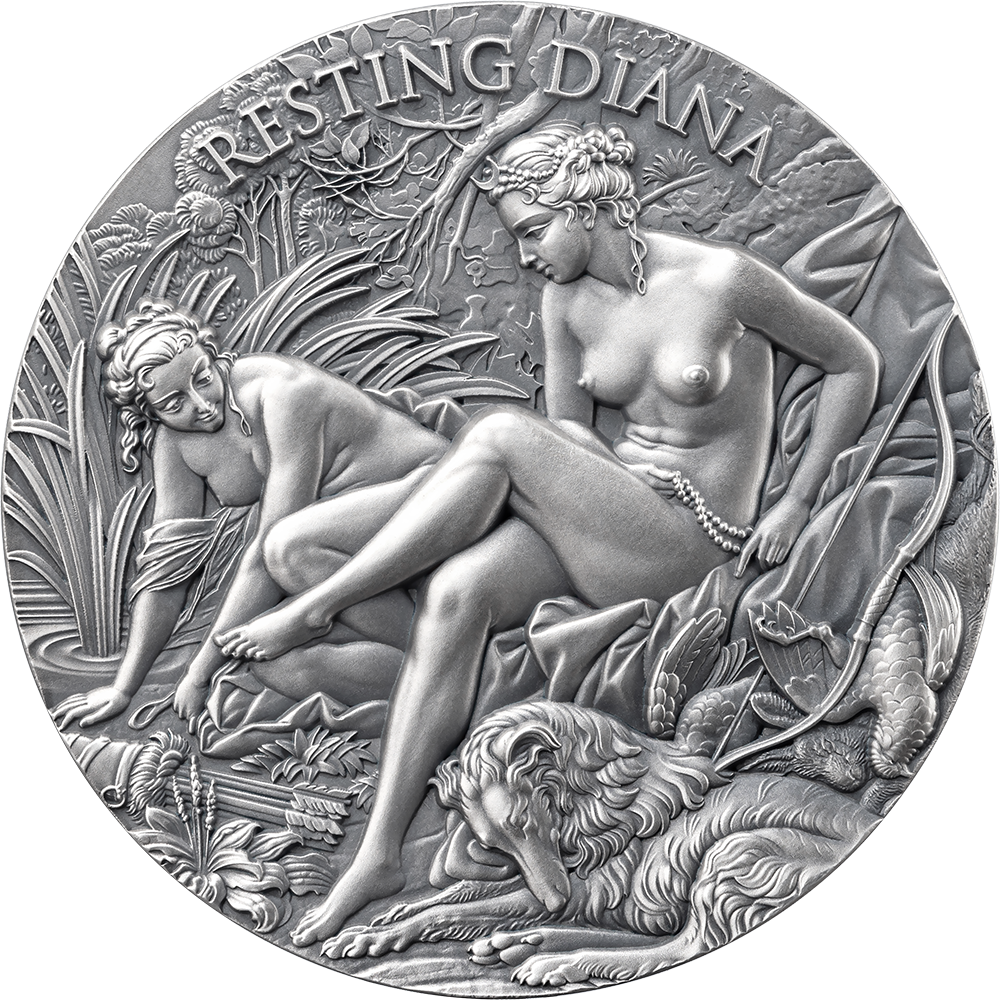 Cameroon 2025 2000F RESTING DIANA Celestial Beauty 2 oz Antiqued Silver Coin