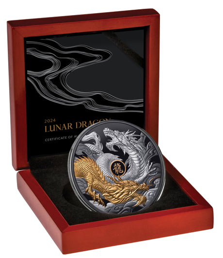 Niue 2024 $10 Lunar Double Dragon Gold Plated Black 5 oz Silver Proof Edge Numbered