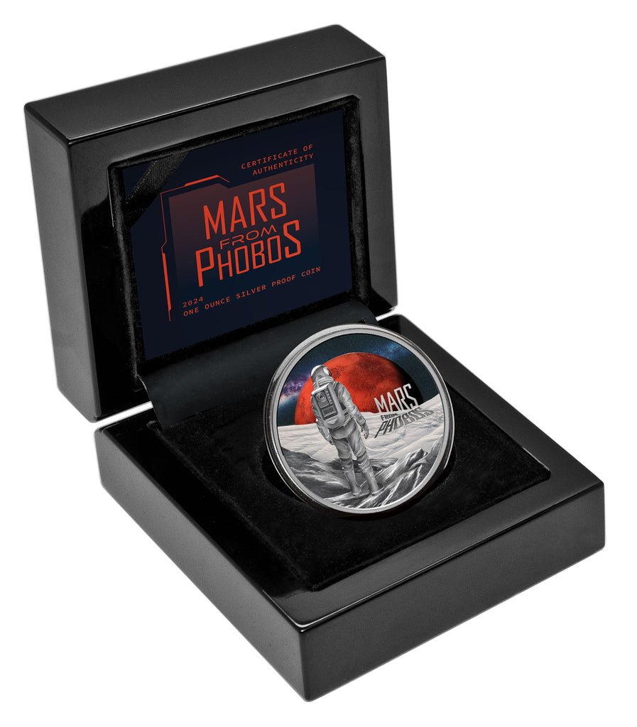 Niue 2024 $ 1Mars from Phobos 1oz .999 Coloured Silver Proof Coin Clam Shell Case and Coin Left View