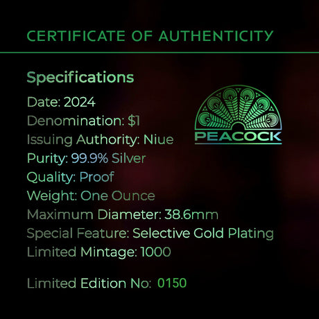 Niue 2024 $1 Peacock 1oz .999 Gold-plated Silver Proof Coin