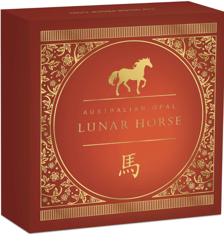 Australia 2026 $1 Lunar Year of the Horse - Opal 1oz .9999 Silver Proof Coin Box