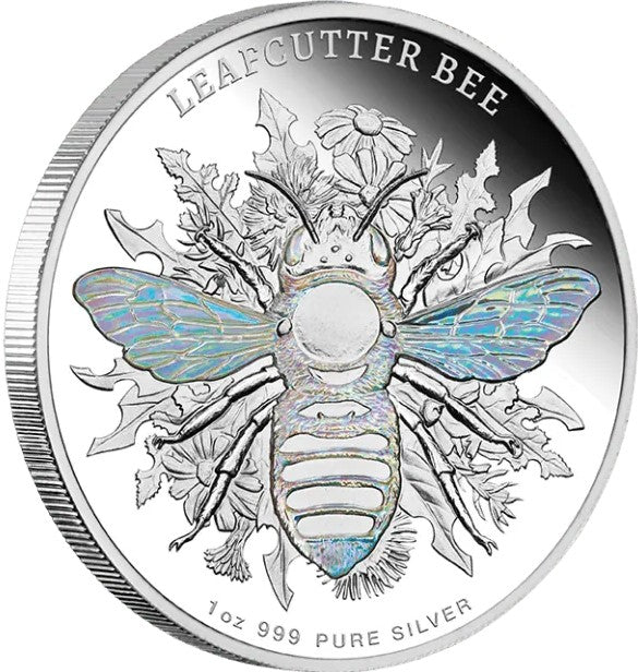 Niue 2026 $2 Australian Native Bees LEAFCUTTER BEE 1 oz Silver Proof Hologram Coin Side View