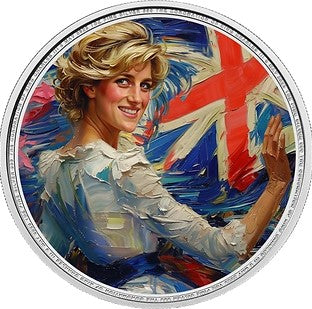 A circular silver coin featuring a colorful artistic representation of Princess Diana on the reverse, with a British flag design in the background.