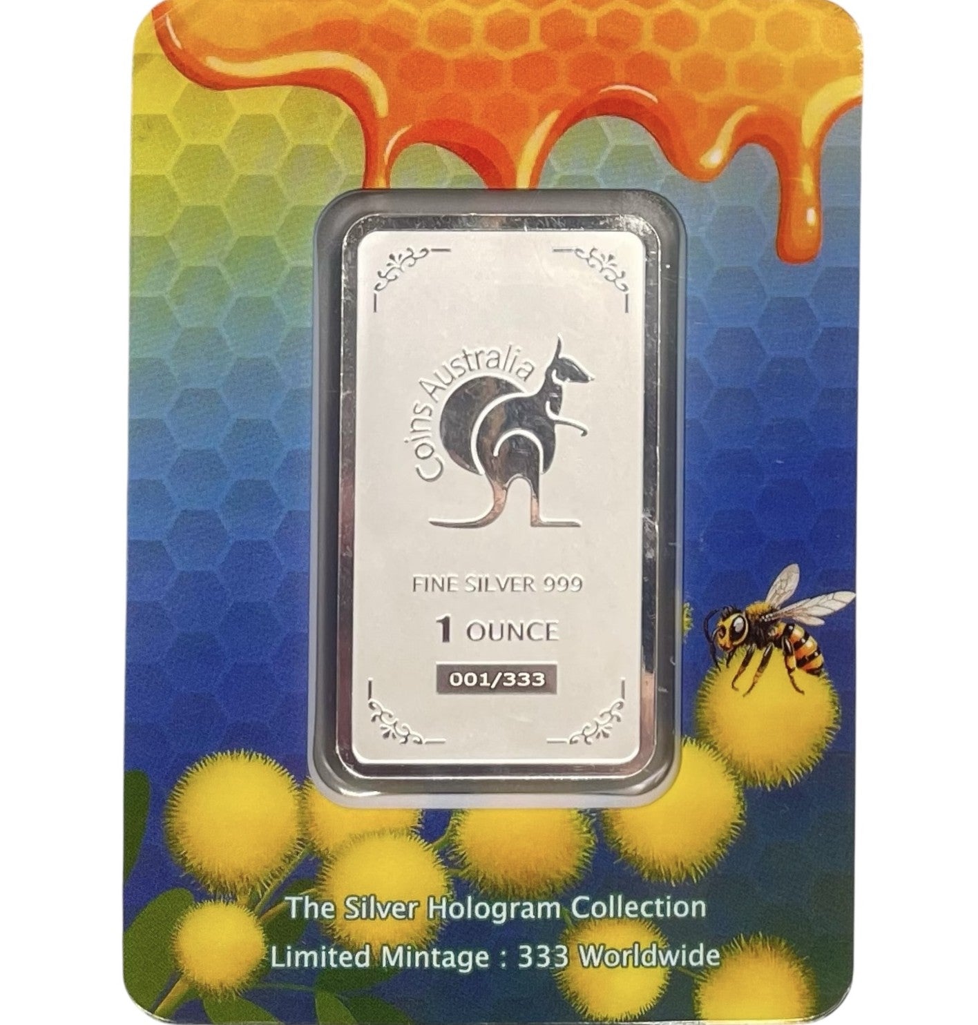 Silver bar with holographic design featuring a kangaroo and honeycomb pattern