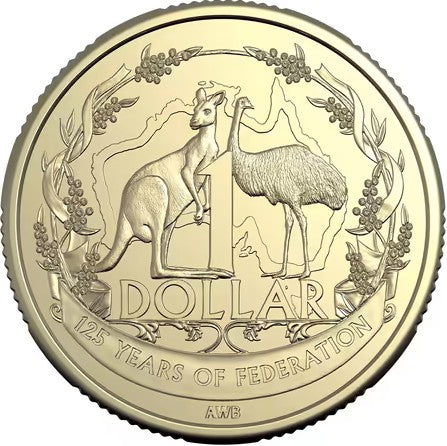 Gold coin with kangaroo and emu design, featuring text '1 Dollar' and '125 Years of Federation'.